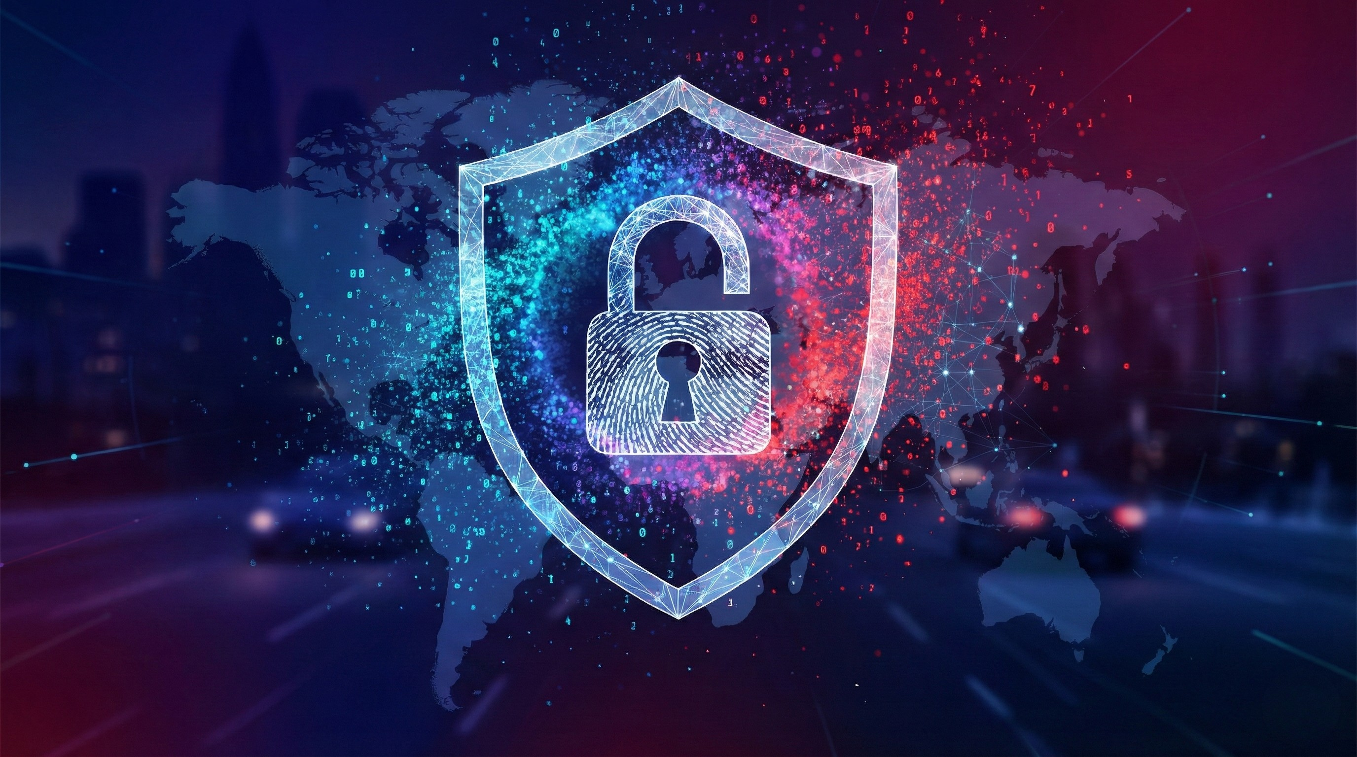 Lock and Shield over the World Map over Cars